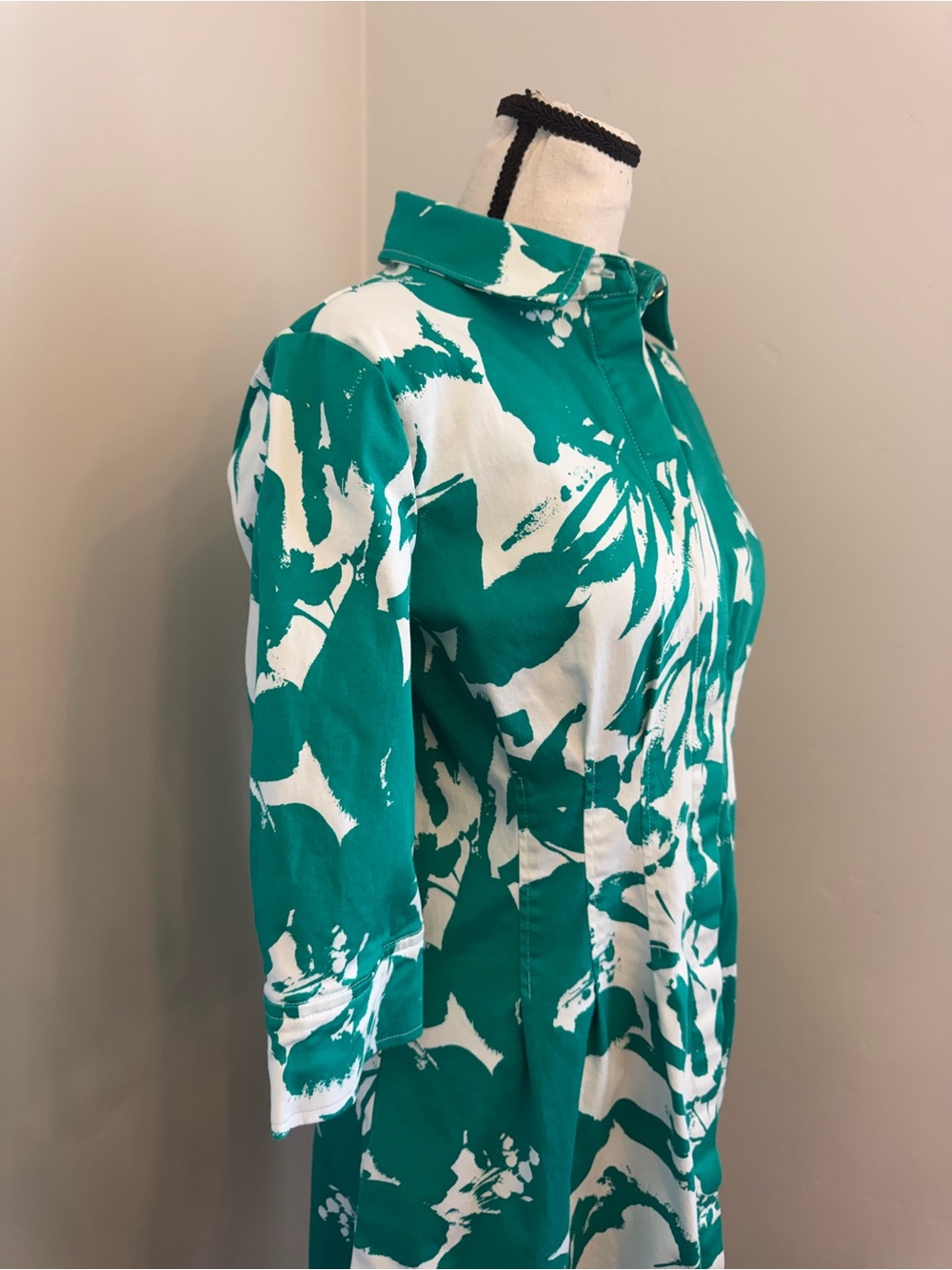 Anne Klein 4P Green White Floral Shirt Dress Petite Button Front Stretch Cotton - Picture 10 of 13